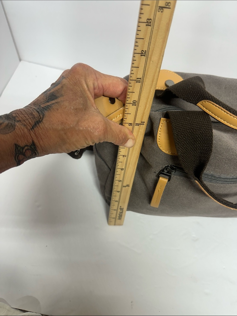 Canvas Messenger Satchel Bag in Gray with Tan Accents - Picture 5 of 8